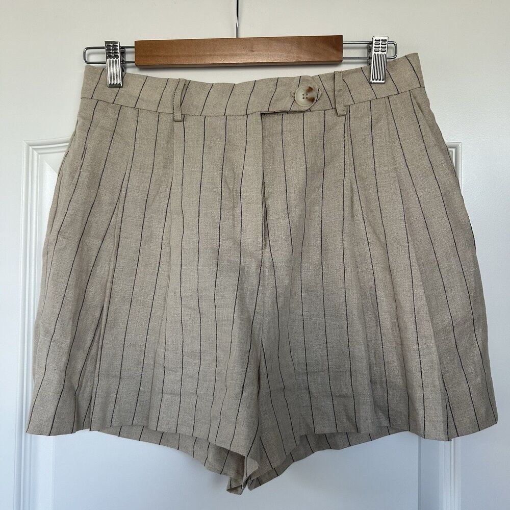 ASTR the Label Linen Pleated High Rise Shorts Size M Natural Black Stripe Preppy